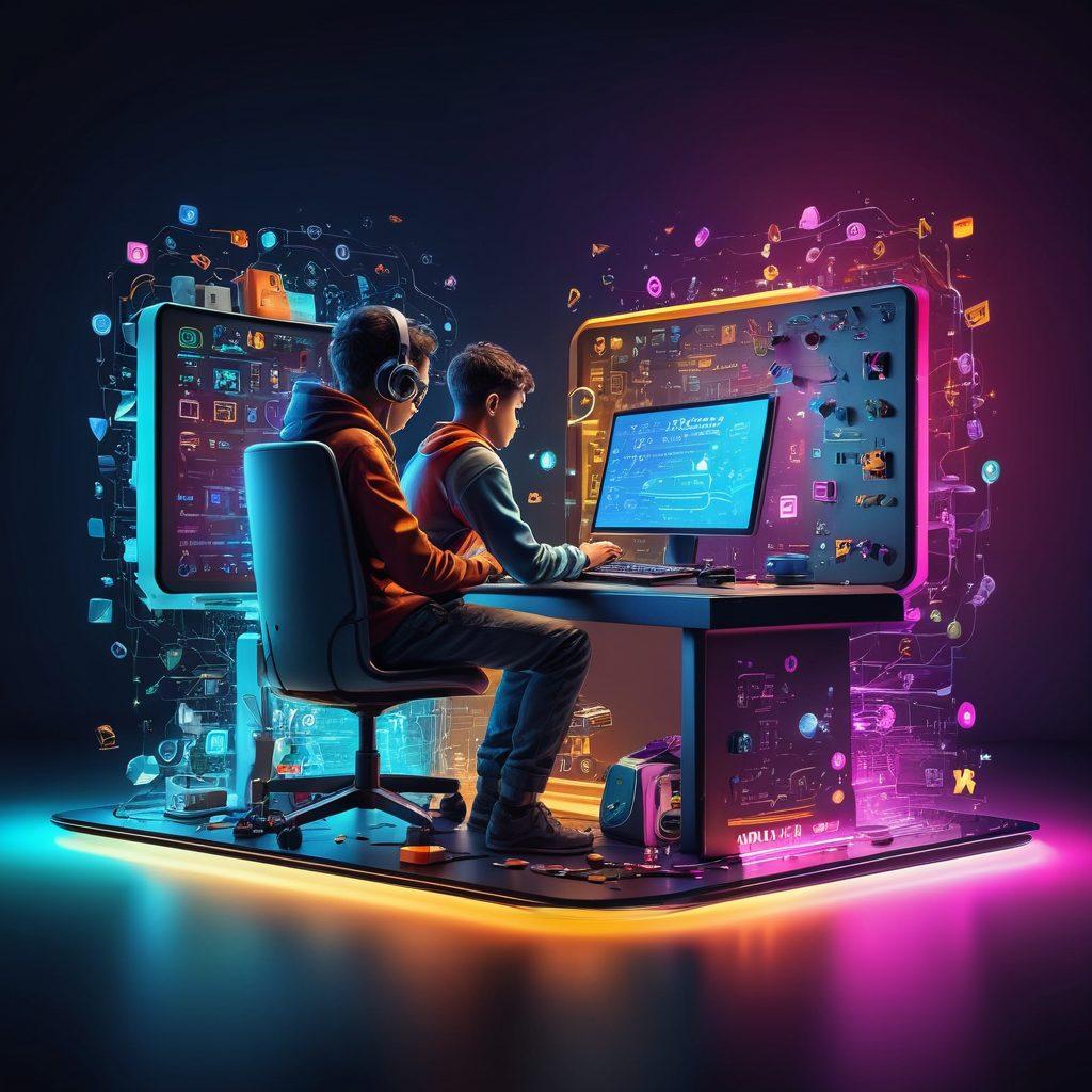 A dynamic scene of a person sitting at a futuristic computer, fingers flying over the keyboard with trails of light. The monitor displays colorful, animated typing games with various characters and symbols floating around the screen. Background filled with playful elements like game controllers, alphabet blocks, and scoreboards. Vibrant colors with a slight glow, giving it an energetic and engaging feel. super-realistic. vibrant colors.