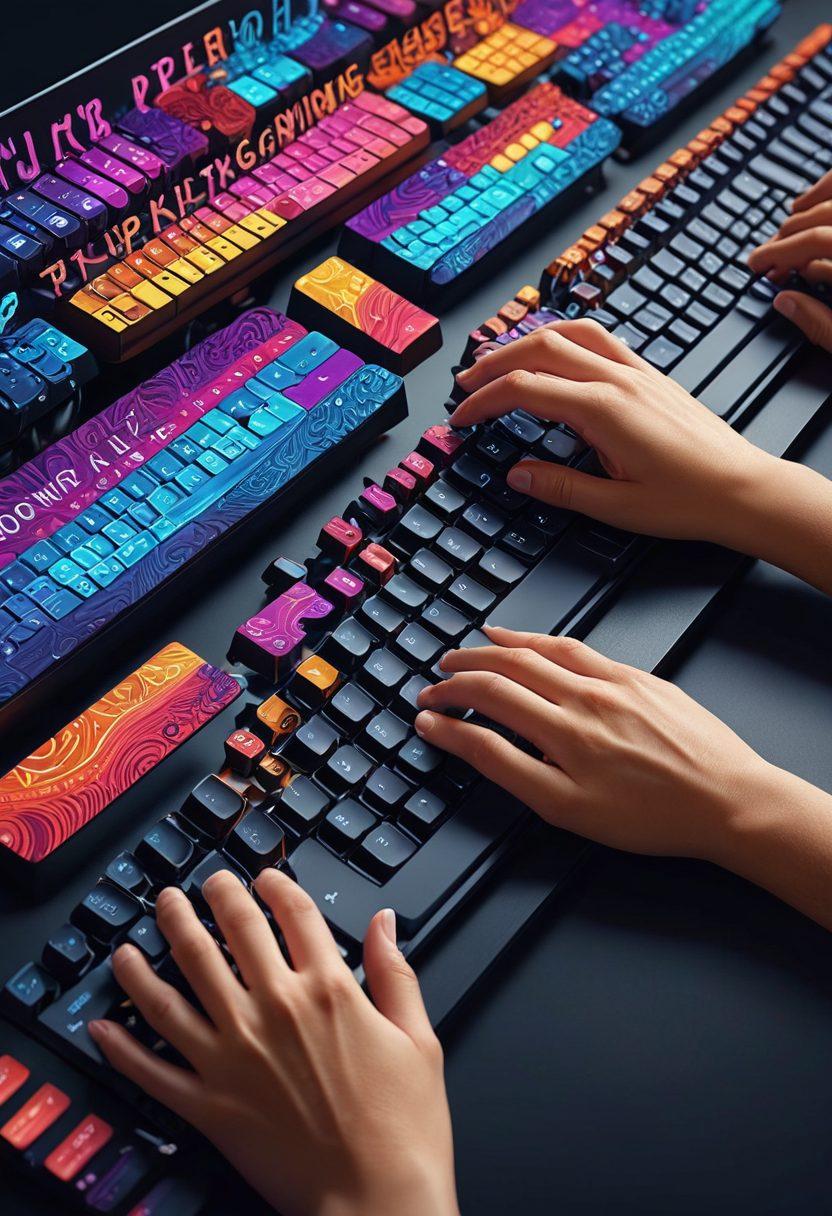A diverse group of people typing on keyboards, with animated letters and words flowing from their screens, transforming into a vibrant spectrum of colors and shapes. Background depicts a journey from simple keystrokes to complex patterns, symbolizing growth and mastery. super-realistic. vibrant colors. modern digital art.