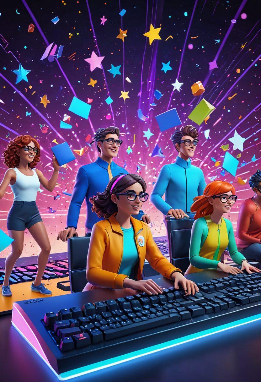 An energetic, colorful scene of people typing enthusiastically on keyboards, with animated characters cheering them on. Include a digital leaderboard displaying high typing speeds, and various fun elements like confetti and stars. Use a dynamic background showing a blend of futuristic tech vibes. vibrant colors. 3D. playful and interactive style.
